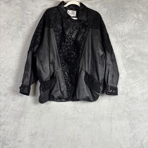 Vintage Leather Oversized Jacket Medium Black Damask Embossed Asymmetrical